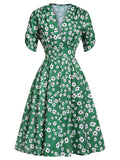 Green 1940s V-Neck Floral Dress