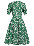 Green 1940s V-Neck Floral Dress