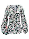 Green 1940s Round Neck Floral Blouse
