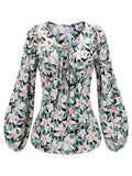 Green 1940s Round Neck Floral Blouse