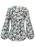 Green 1940s Round Neck Floral Blouse