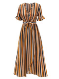 Earth Yellow 1950s Stripes Wrap Waist Dress