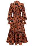 Orange 1950s Floral V-Neck High Waist Dress