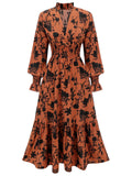 Orange 1950s Floral V-Neck High Waist Dress