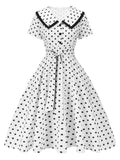 White 1940s Polka Dot Lapel Dress