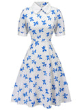 1940s Blue Butterfly Doll Neck Dress