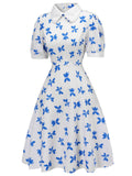 1940s Blue Butterfly Doll Neck Dress