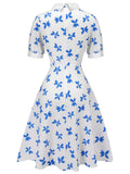 1940s Blue Butterfly Doll Neck Dress