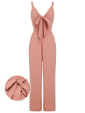 Pink 1930s Solid Strap Lace-up Jumpsuit