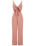 Pink 1930s Solid Strap Lace-up Jumpsuit
