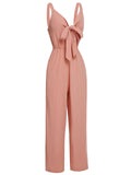 Pink 1930s Solid Strap Lace-up Jumpsuit