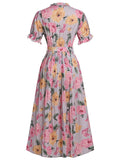 Pink 1930s Floral Bow Tie Pleated Dress