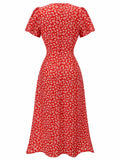 Red 1930s Floral V-Neck Added Button Dress