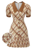 1960s Plaid Puff Sleeve Pleated Dress