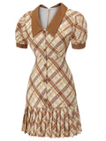 1960s Plaid Puff Sleeve Pleated Dress