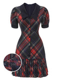 1960s Plaid Puff Sleeve Pleated Dress