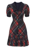 1960s Plaid Puff Sleeve Pleated Dress