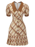 1960s Plaid Puff Sleeve Pleated Dress
