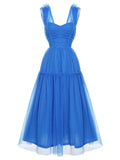 1950S Blue Solid Mesh Sleeveless Dress