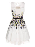 White 1960s Colorful Floral Sleeveless Dress