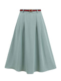 2PCS Light Blue 1950s Floral Blouse & Solid Belted Skirt