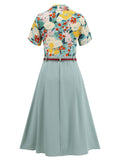 2PCS Light Blue 1950s Floral Blouse & Solid Belted Skirt
