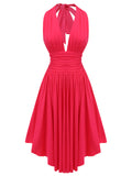 1950s Red Ruffled V-Neck Halter Dress