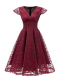 1950s Solid Lace Pleated V-Neck Dress