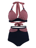 Navy Red Stripe Pleated Halter Bikini