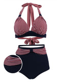 Navy Red Stripe Pleated Halter Bikini
