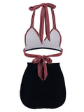 Navy Red Stripe Pleated Halter Bikini