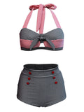 Plaid Stripe Bow Halter Bikini