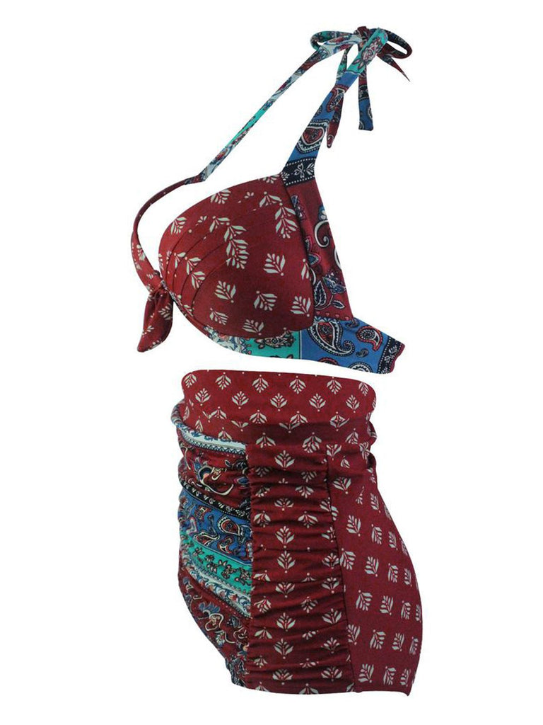 Red 1950s Boho Halter Bow Bikini
