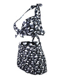 Black 1950s Skull Halter Pleated Bikini
