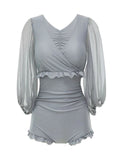 Retro Gray Puff Sleeve Swimsuit