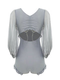 Retro Gray Puff Sleeve Swimsuit