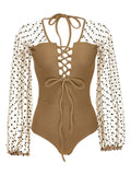 Illusion Lantern Sleeve Backless Swimsuit