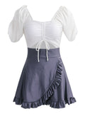 Puff Sleeve Keyhole Skirted Swimsuit
