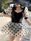 Polka Dot Puff Sleeves Skirted Swimsuit