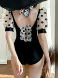 Polka Dot Puff Sleeves Skirted Swimsuit