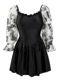 Black Floral Lace-Up Skirted Swimsuit