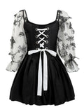 Black Floral Lace-Up Skirted Swimsuit