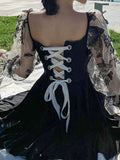Black Floral Lace-Up Skirted Swimsuit