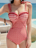 Red Checked Back Cut-Out Swimsuit