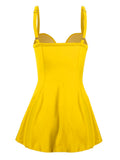 Yellow 1960s Spaghetti Strap Skirted Swimsuit