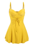 Yellow 1960s Spaghetti Strap Skirted Swimsuit