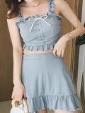 3PCS Blue Gray Ruffled Skirted Bikini Set