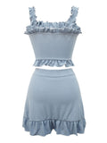 3PCS Blue Gray Ruffled Skirted Bikini Set