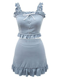 3PCS Blue Gray Ruffled Skirted Bikini Set