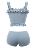 3PCS Blue Gray Ruffled Skirted Bikini Set